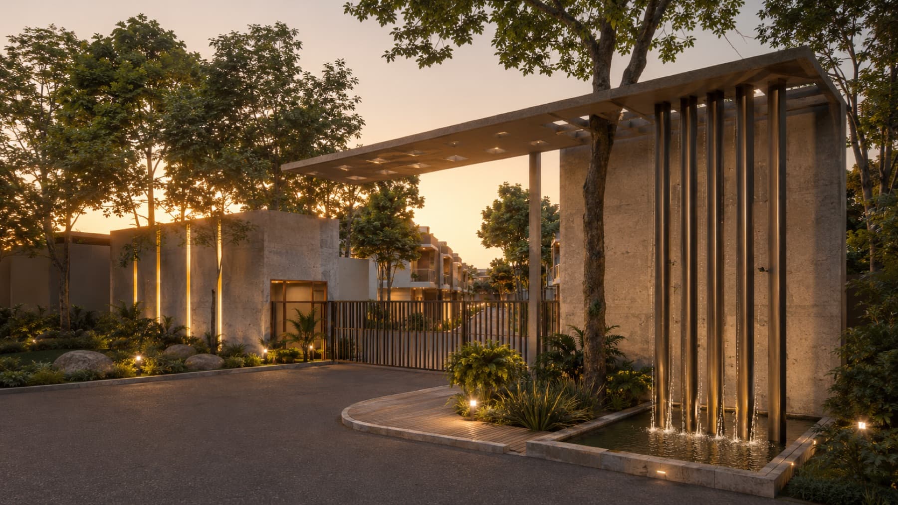 Tree-lined Chirping Woods lane with filtered evening sunlight and villas set within dense planting