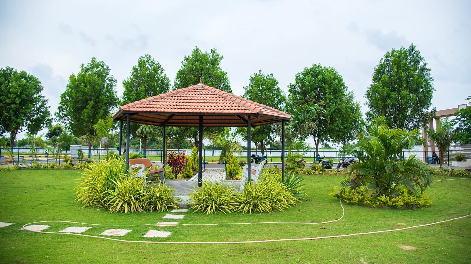 Landscaped garden pavilion inside Medhyam Serenity Highland in Chandapura