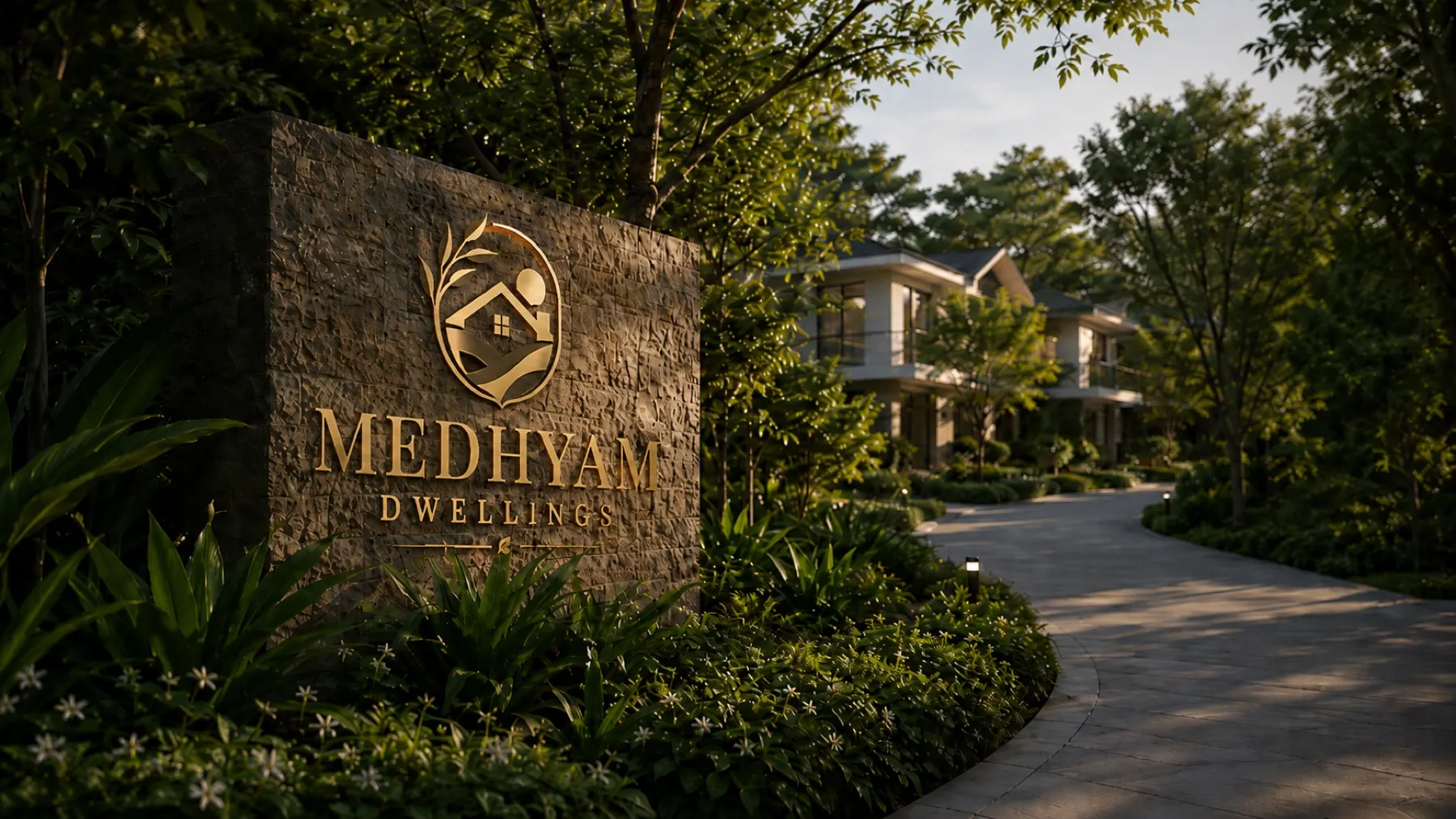 Medhyam Dwellings sign surrounded by natural landscape