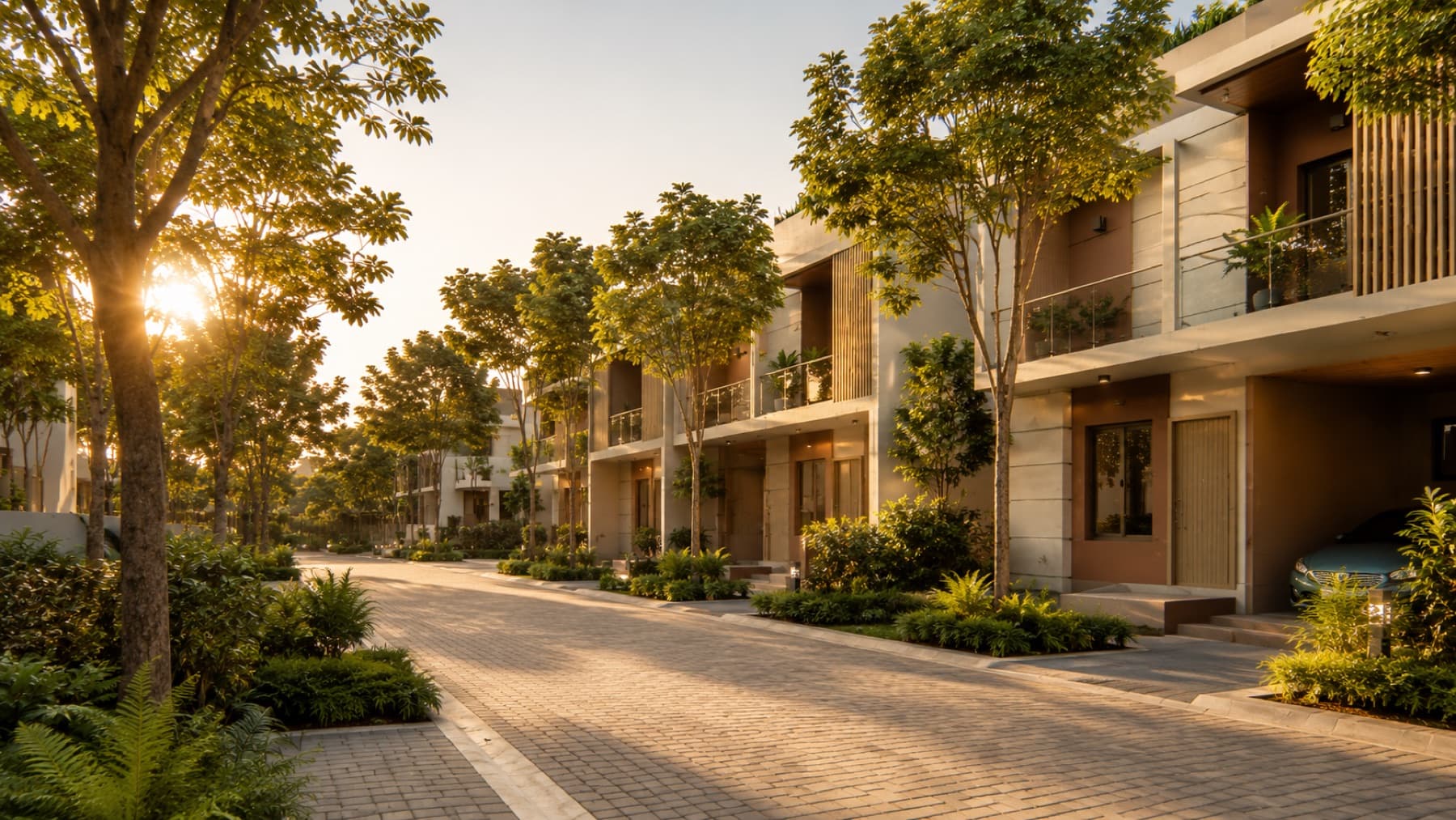 Chirping Woods internal lane with woodland-inspired planting and villas