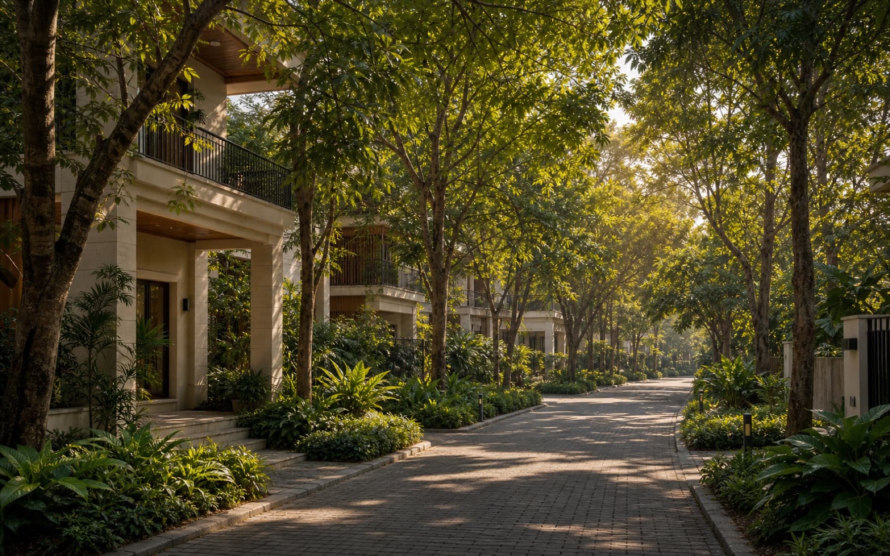 Chirping Woods villa community with tree-rich streets and soft natural light